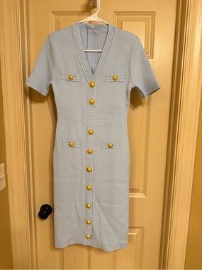 Light Blue Short-Sleeve Button-Front Knit Dress with Gold Buttons